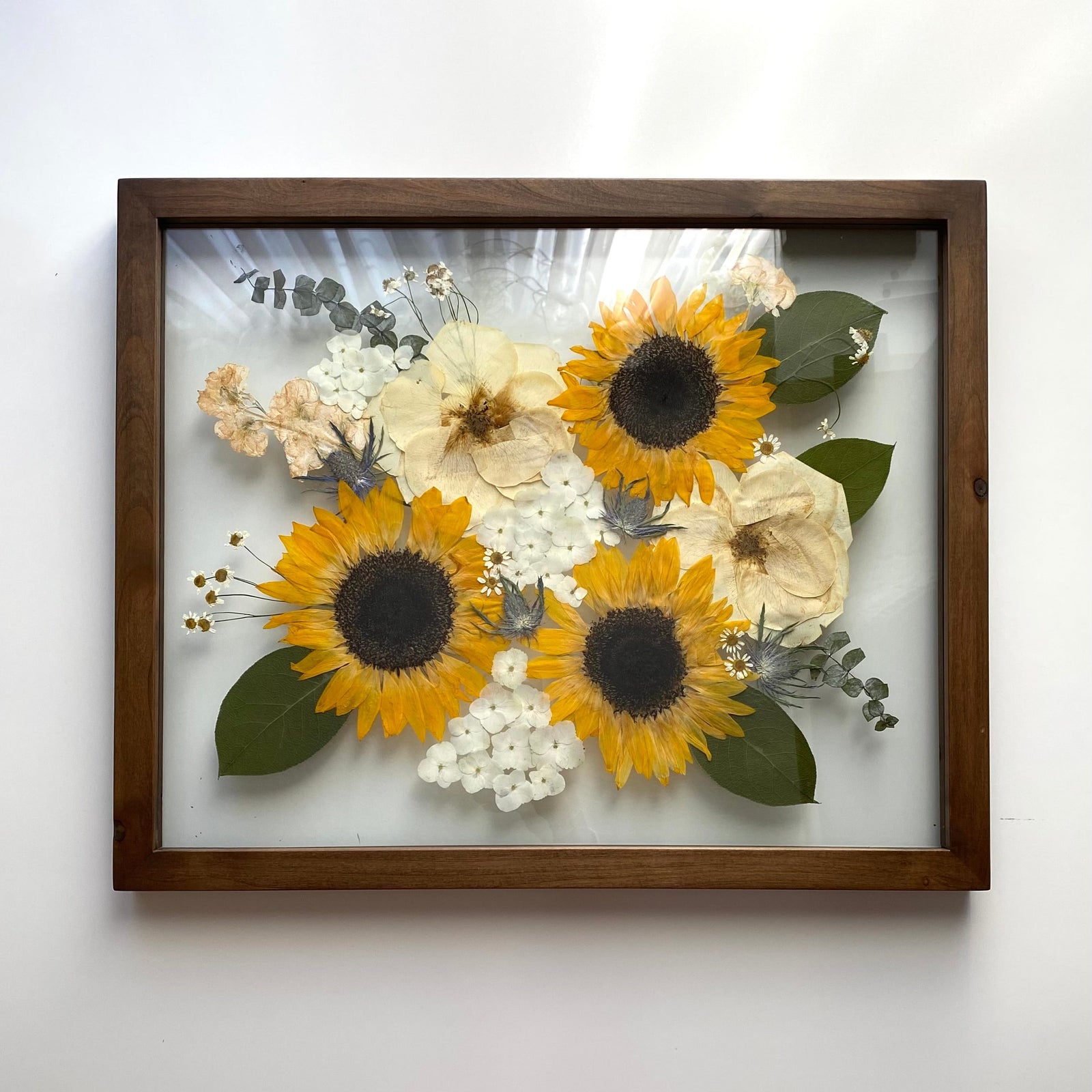 Pressed flowers in a 16x20 espresso frame